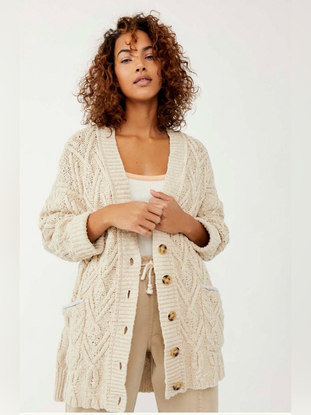 Free People Montana Womens Cardigan Sweater Cream / Tea Color - Size Medium